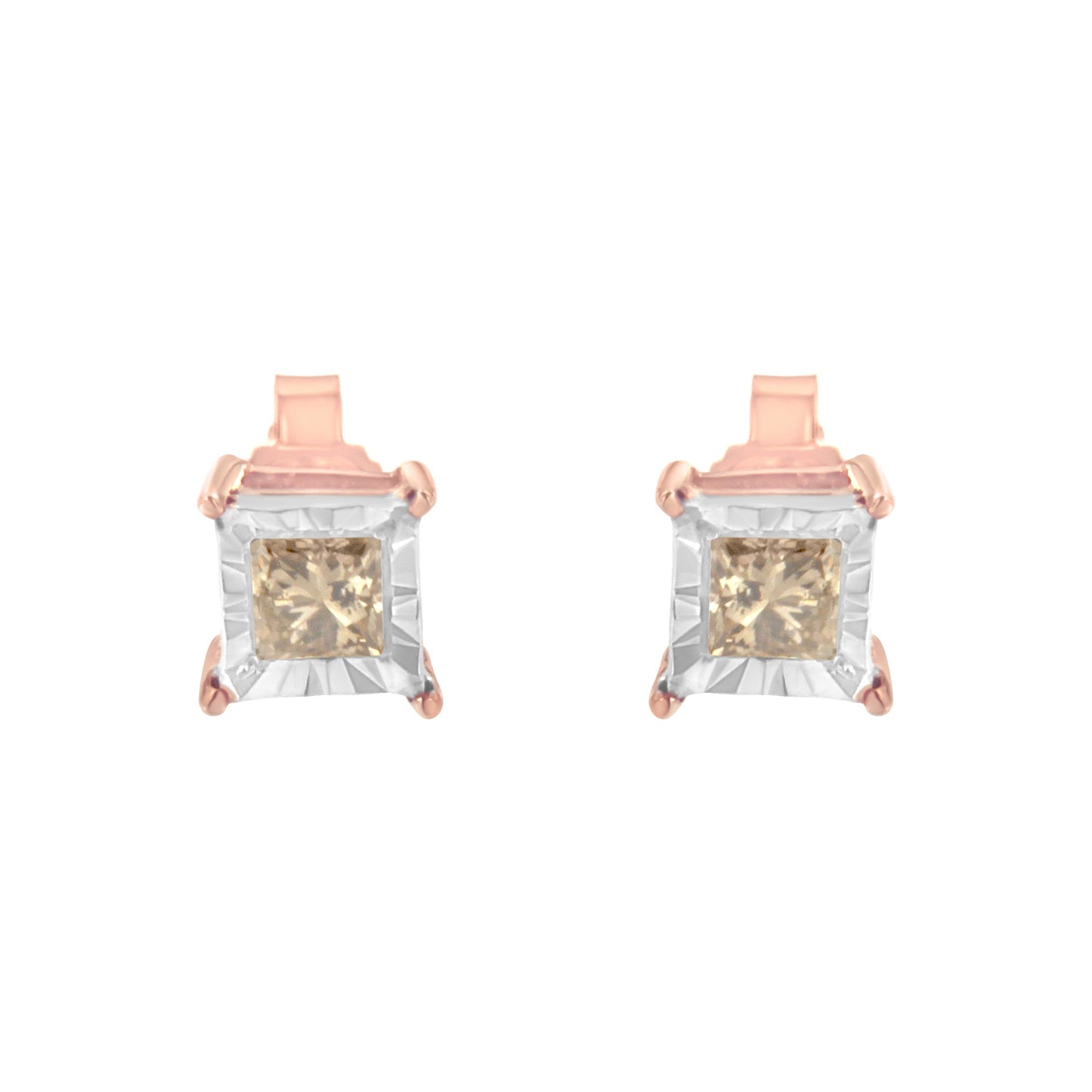 14K Rose Gold Plated Two-Tone .925 Sterling Silver 1/2 Cttw Princess-Cut Square Diamond Solitaire Miracle-Plate Stud Earrings (K-L Color, I2-I3 Clarity)