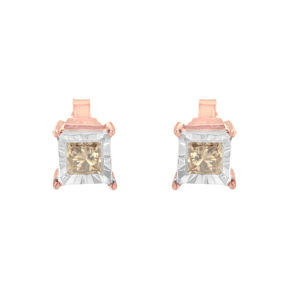 14K Rose Gold Plated Two-Tone .925 Sterling Silver 1/2 Cttw Princess-Cut Square Diamond Solitaire Miracle-Plate Stud Earrings (K-L Color, I2-I3 Clarity)