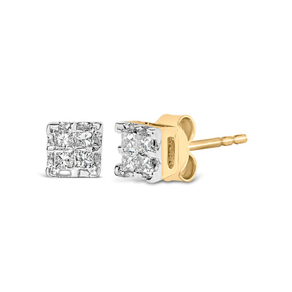 10k Yellow Gold Princess Diamond Quad Stud Earrings (1/4 cttw, J-K Color, I2-I3 Clarity)