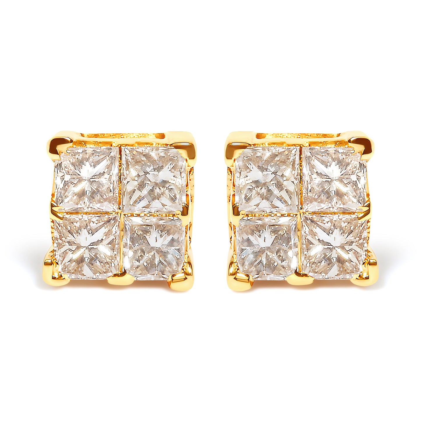10K Yellow Gold 3/4 Cttw Invisible Set Princess-Cut Diamond Composite Square Stud Earrings (I-J Color, I2-I3 Clarity)