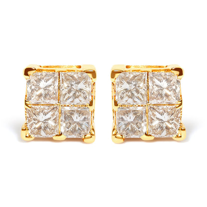 10K Yellow Gold 3/4 Cttw Invisible Set Princess-Cut Diamond Composite Square Stud Earrings (I-J Color, I2-I3 Clarity)