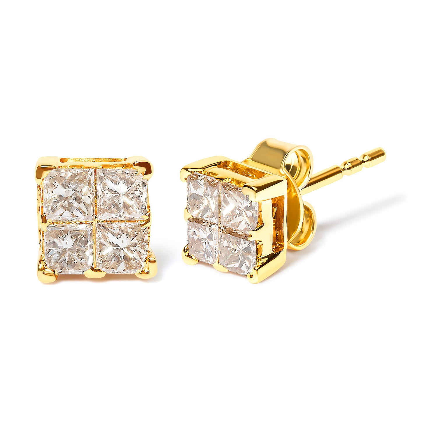 10K Yellow Gold 3/4 Cttw Invisible Set Princess-Cut Diamond Composite Square Stud Earrings (I-J Color, I2-I3 Clarity)