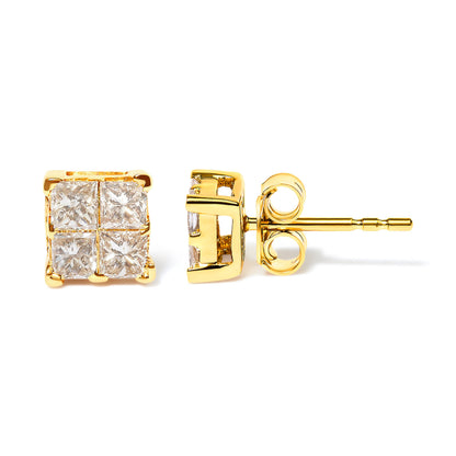10K Yellow Gold 3/4 Cttw Invisible Set Princess-Cut Diamond Composite Square Stud Earrings (I-J Color, I2-I3 Clarity)