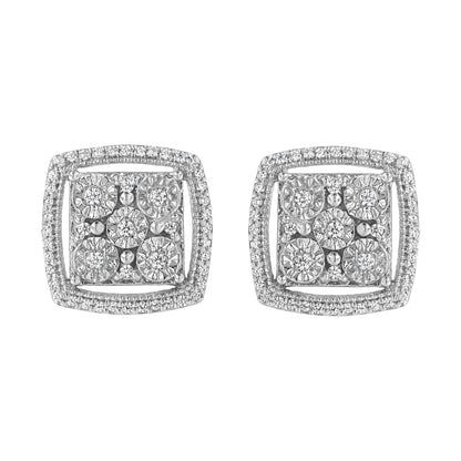 .925 Sterling Silver 3/8 Cttw Miracle Set Round Diamond Double Halo Cluster Earrings (I-J Color, I2-I3 Clarity)