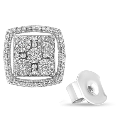 .925 Sterling Silver 3/8 Cttw Miracle Set Round Diamond Double Halo Cluster Earrings (I-J Color, I2-I3 Clarity)