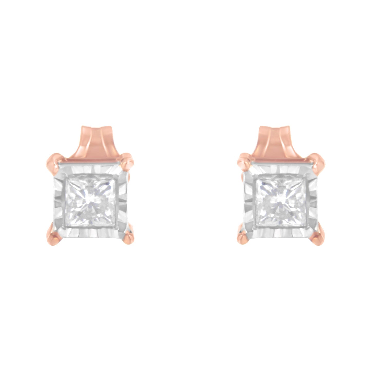 14K Rose Gold Plated Two-Tone .925 Sterling Silver 1/2 Cttw Princess-Cut Square Near Colorless Diamond Solitaire Miracle-Plate Stud Earrings (J-K Color, I2-I3 Clarity)