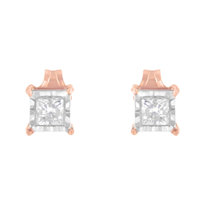14K Rose Gold Plated Two-Tone .925 Sterling Silver 1/2 Cttw Princess-Cut Square Near Colorless Diamond Solitaire Miracle-Plate Stud Earrings (J-K Color, I2-I3 Clarity)