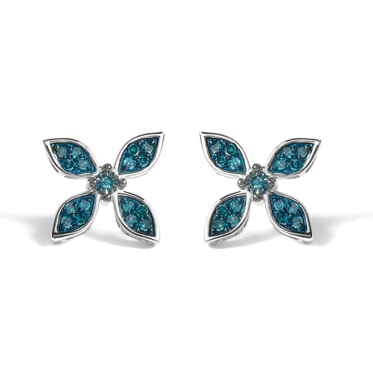 .925 Sterling Silver 1/3 Cttw Blue Diamond Floral Earrings
