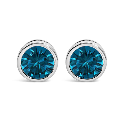 14K White Gold 1.0 Cttw Bezel Set Lab Grown Blue Diamond Solitaire Stud Earrings