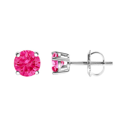 10K White Gold 1.0 Cttw Lab Created Round Brilliant Cut Pink Diamond Classic 4-Prong Solitaire Stud Earrings (Fancy Pink Color, VVS2-VS1 Clarity)