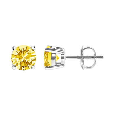 14K White Gold 1.0 Cttw Lab Grown Yellow Diamond Solitaire Stud Earrings (Yellow Color, VS2-SI1 Clarity)