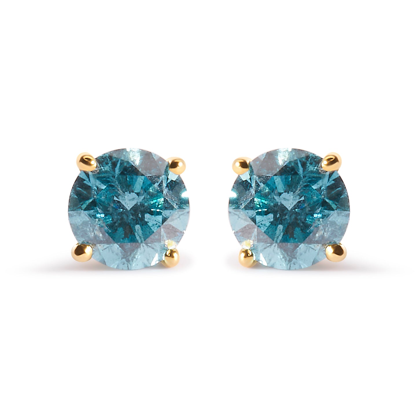 14K Yellow Gold 1.0 Cttw Treated Aqua Blue Diamond Classic Solitaire Stud Earrings (Aqua Blue Color, I2-I3 Clarity)