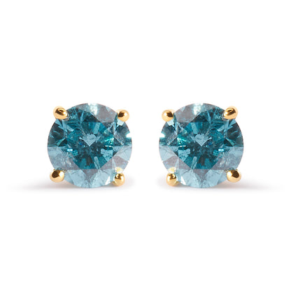 14K Yellow Gold 1.0 Cttw Treated Aqua Blue Diamond Classic Solitaire Stud Earrings (Aqua Blue Color, I2-I3 Clarity)
