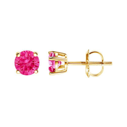 14K Yellow Gold 1.00 Cttw Round Brilliant Cut Lab Grown Pink Diamond 4-Prong Classic Solitaire Earrings (Pink Color, VVS2-VS1 Clarity)
