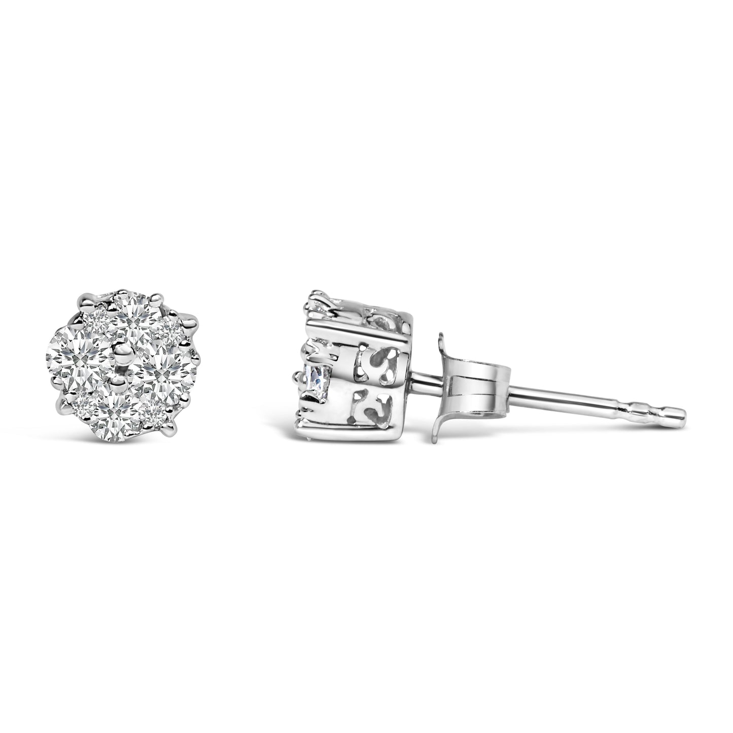 .925 Sterling Silver 1/2 cttw Prong Set Round-Cut Diamond Cluster Stud Earring (I-J Color, I2-I3 Clarity)
