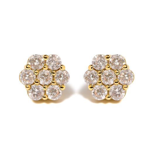 Clous d'oreilles puces grappe florale en or jaune 14 carats et diamants (3,0 carats au total)