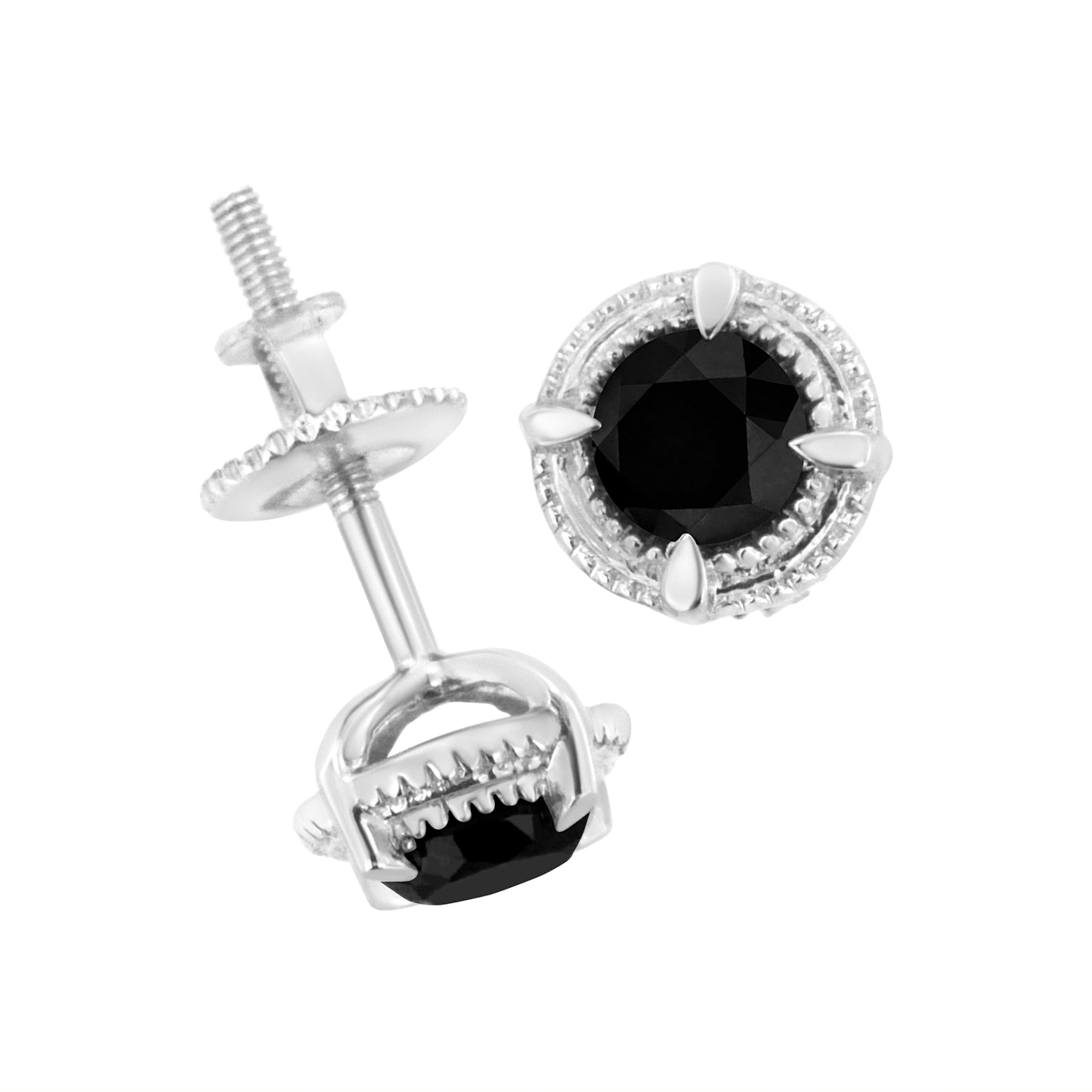 .925 Sterling Silver 1 cttw Treated Black Diamond Modern 4-Prong Solitaire Milgrain Stud Earrings (Black Color, I1-I2 Clarity)