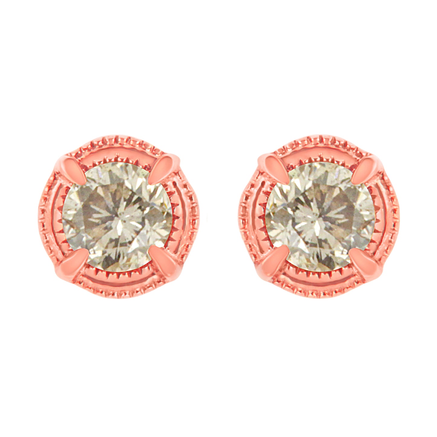 14K Yellow Gold Plated .925 Sterling Silver 1.0 Cttw Round Brilliant Cut Diamond Solitaire Milgrain Stud Earrings (K-L Color, I2-I3 Clarity)