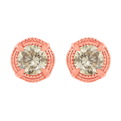 14K Yellow Gold Plated .925 Sterling Silver 1.0 Cttw Round Brilliant Cut Diamond Solitaire Milgrain Stud Earrings (K-L Color, I2-I3 Clarity)