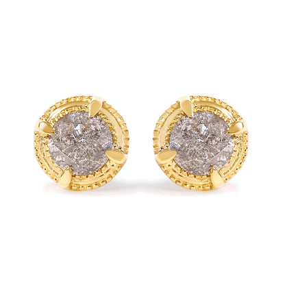 14K Yellow Gold Plated .925 Sterling Silver 1.0 Cttw Round Brilliant Cut Diamond Solitaire Milgrain Stud Earrings (K-L Color, I2-I3 Clarity)