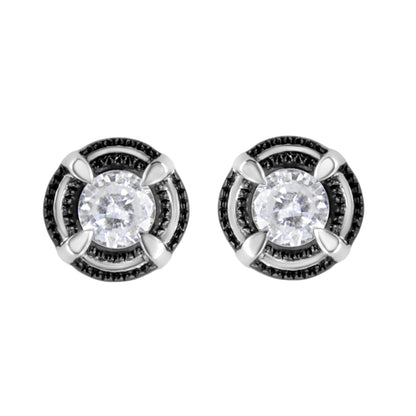Black Rhodium Plated .925 Sterling Silver Round 1-1/2 cttw Diamond Double Halo 4-Prong Solitaire Milgrain Stud Earrings (H-I Color, I2-I3 Clarity)