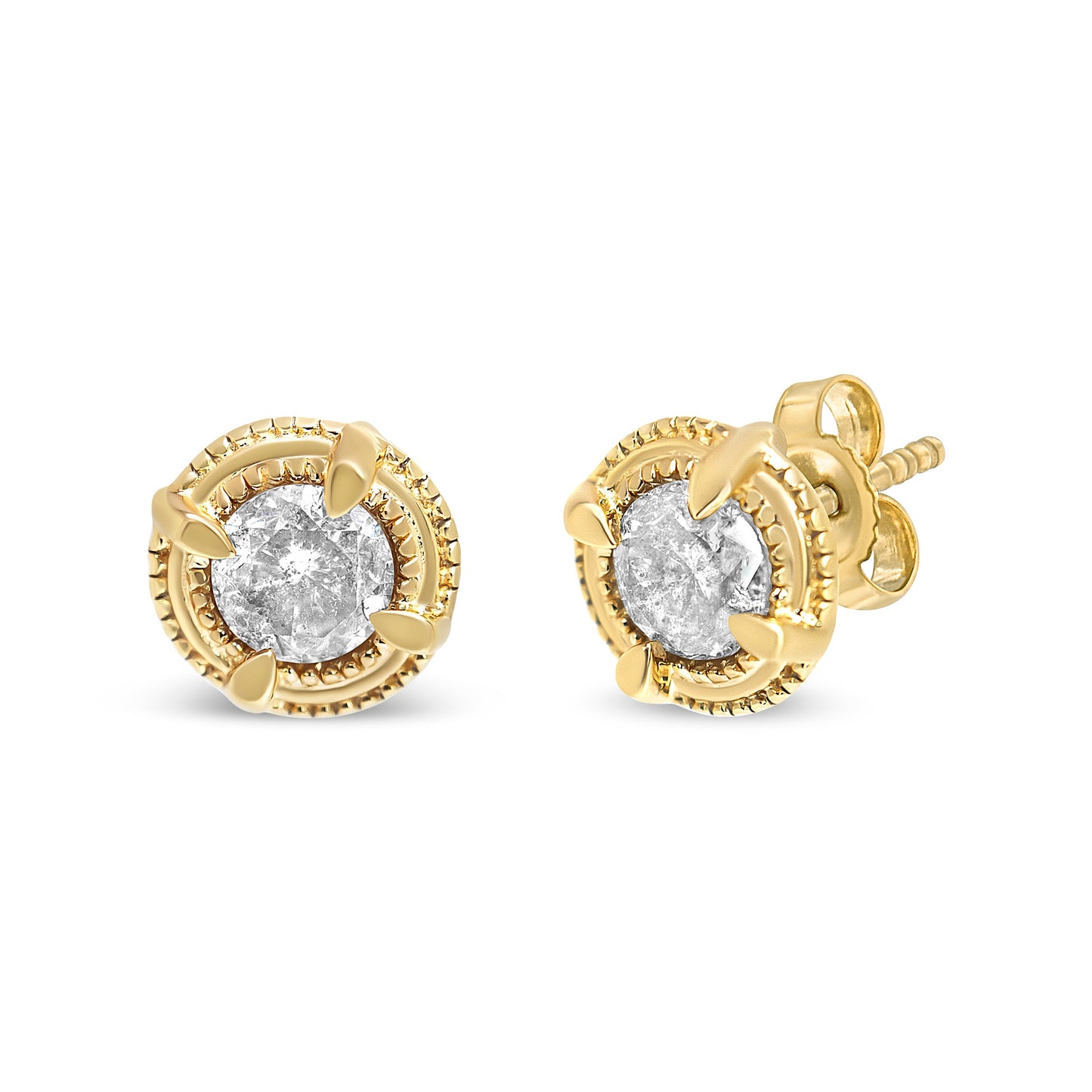 14K Yellow Gold Plated .925 Sterling Silver 1.0 Cttw Round Brilliant Cut Diamond Solitaire Milgrain Stud Earrings (K-L Color, I2-I3 Clarity)