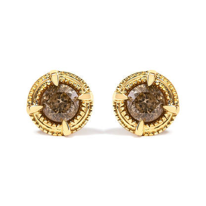 14K Yellow Gold Plated .925 Sterling Silver 1.0 Cttw Round Brilliant Cut Diamond Solitaire Milgrain Stud Earrings (K-L Color, I2-I3 Clarity)