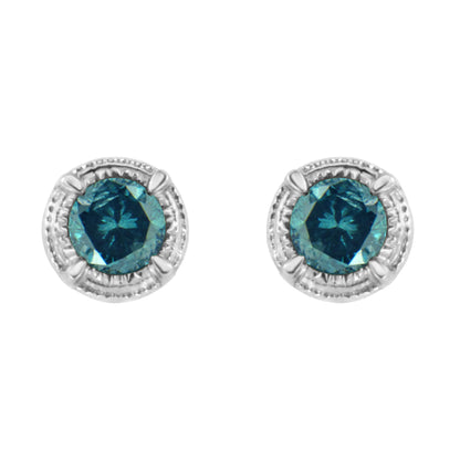 .925 Sterling Silver 1 cttw Treated Black Diamond Modern 4-Prong Solitaire Milgrain Stud Earrings (Black Color, I1-I2 Clarity)