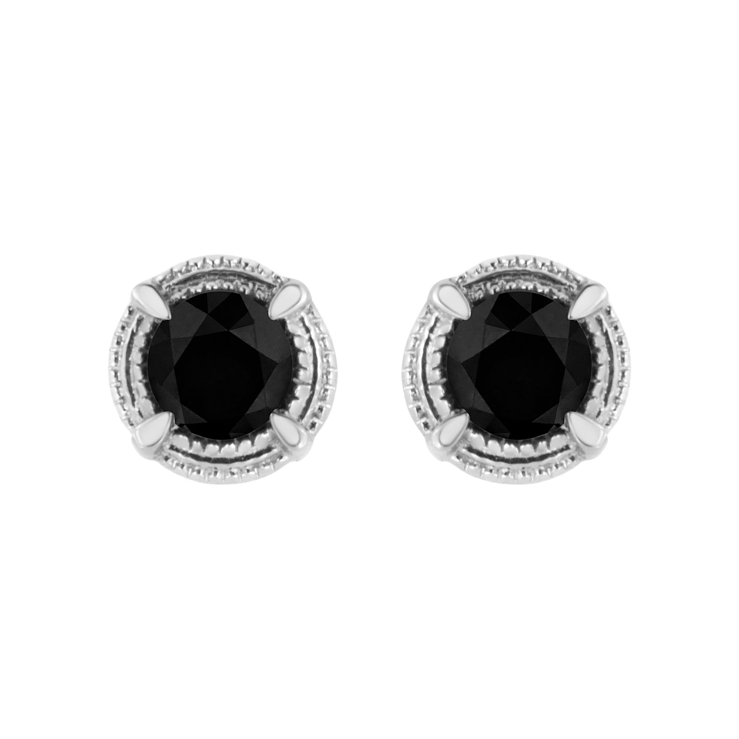 .925 Sterling Silver 1 cttw Treated Black Diamond Modern 4-Prong Solitaire Milgrain Stud Earrings (Black Color, I1-I2 Clarity)