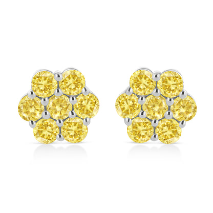 .925 Sterling Silver 1/4 Cttw Treated Yellow Diamond Floral Stud Earrings (Yellow Color, I1-I2 Clarity)