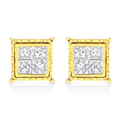 14K Yellow Gold 1 Cttw Princess Cut Diamond Square Stud Earrings