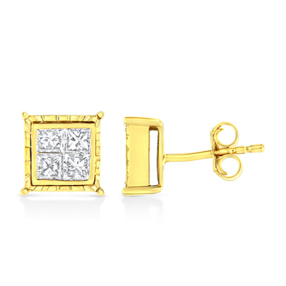 14K Yellow Gold 1 Cttw Princess Cut Diamond Square Stud Earrings