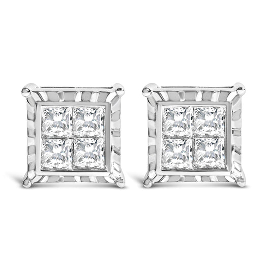 Boucles d'oreilles clous en or blanc 14 carats, diamants de laboratoire taille princesse sertis invisibles, totalisant 2,00 carats, motif ondulé.