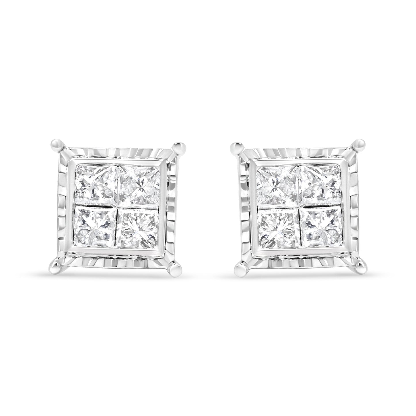 14K White Gold 1 1/2 Cttw Invisible Set Princess-Cut Diamond Contemporary Wavy Quad Stud Earrings (I-J Color, I1-I2 Clarity)