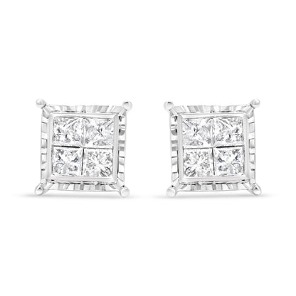 14K White Gold 1 1/2 Cttw Invisible Set Princess-Cut Diamond Contemporary Wavy Quad Stud Earrings (I-J Color, I1-I2 Clarity)