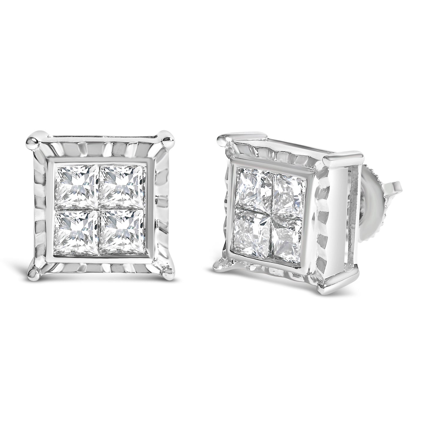 14K White Gold 2.00 Cttw Invisible Set Princess-Cut Lab Grown Diamond Wavy Quad Stud Earrings