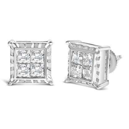 14K White Gold 2.00 Cttw Invisible Set Princess-Cut Lab Grown Diamond Wavy Quad Stud Earrings