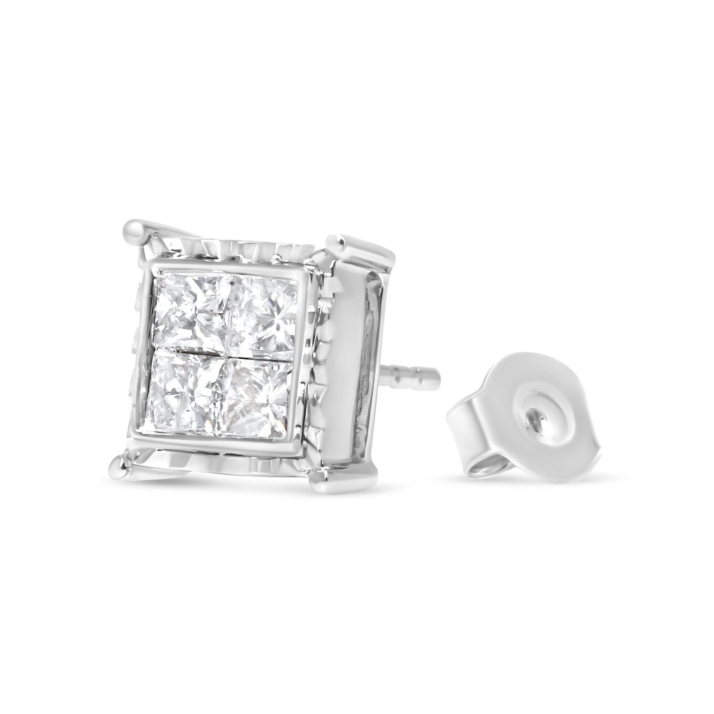 14K White Gold 2.00 Cttw Invisible Set Princess-Cut Lab Grown Diamond Wavy Quad Stud Earrings