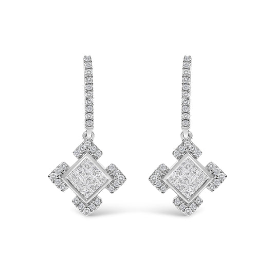 10K White Gold Princess and Round Diamond Geometric Composite Dangle Earrings