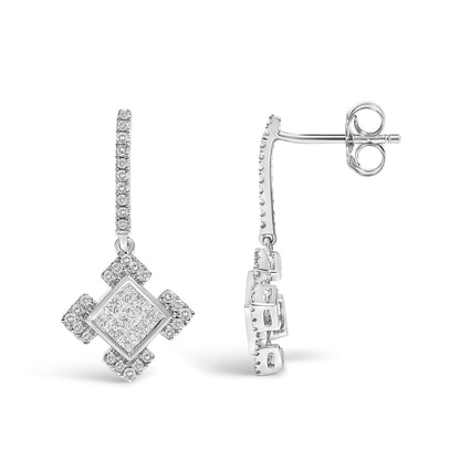 10K White Gold Princess and Round Diamond Geometric Composite Dangle Earrings