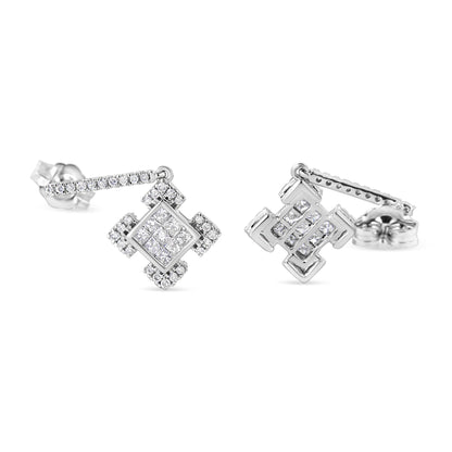 10K White Gold Princess and Round Diamond Geometric Composite Dangle Earrings