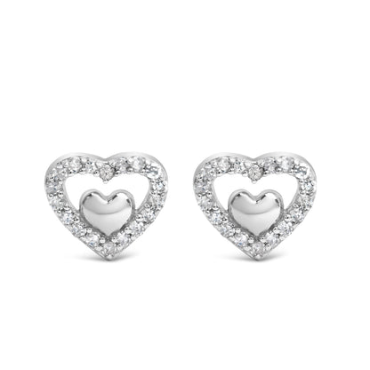 925 Sterling Silver 1/6 Cttw Diamond Open Double Heart Stud Earrings (I-J Color, I3 Clarity)
