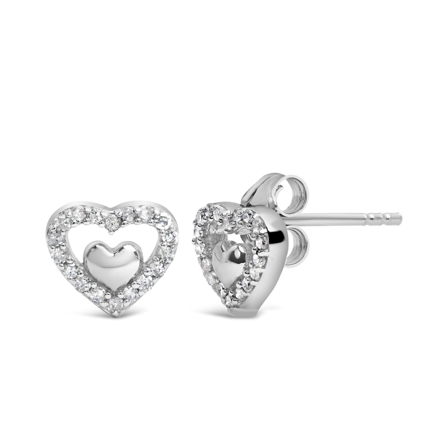 925 Sterling Silver 1/6 Cttw Diamond Open Double Heart Stud Earrings (I-J Color, I3 Clarity)