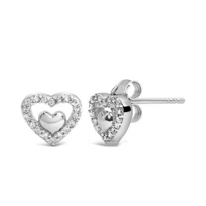 925 Sterling Silver 1/6 Cttw Diamond Open Double Heart Stud Earrings (I-J Color, I3 Clarity)