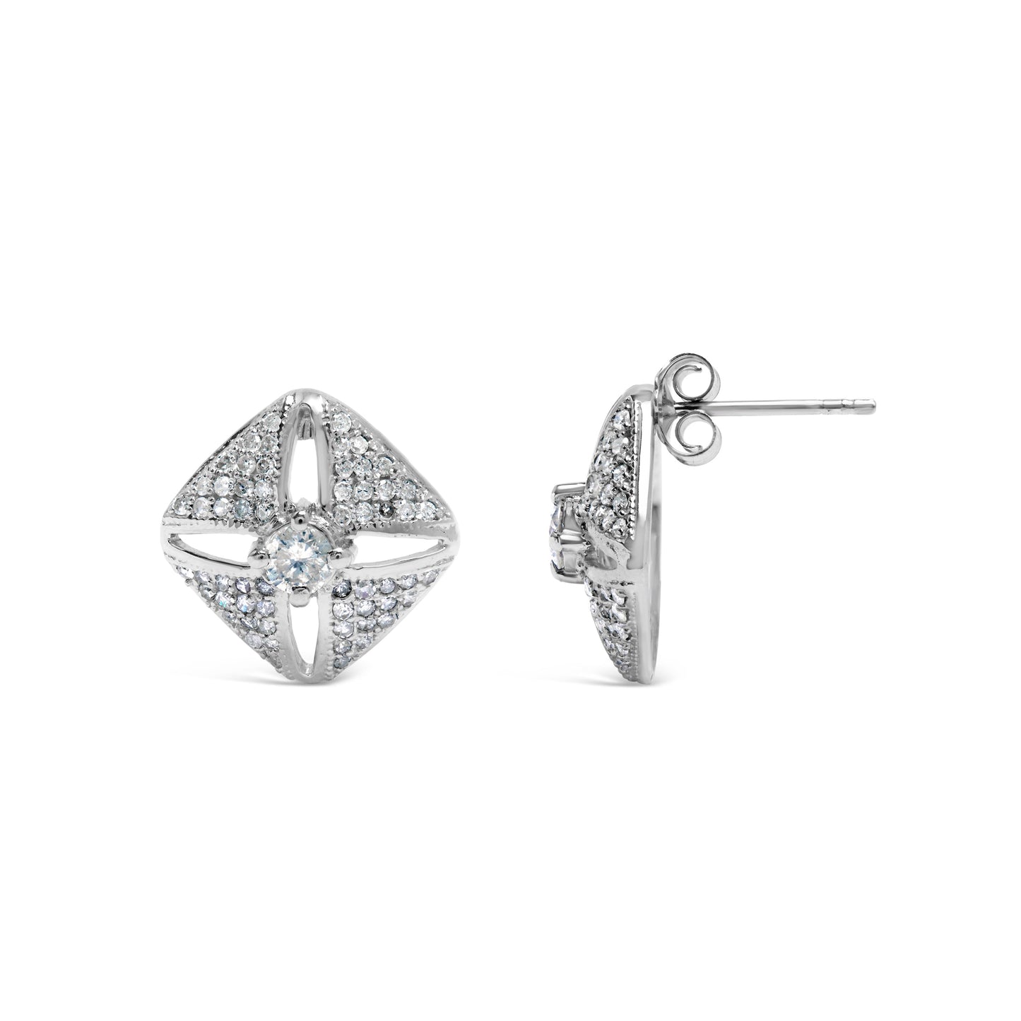 .925 Sterling Silver 1.0 Cttw Diamond Studded Rhombus Stud Earring (H-I Color, I2-I3 Clarity)