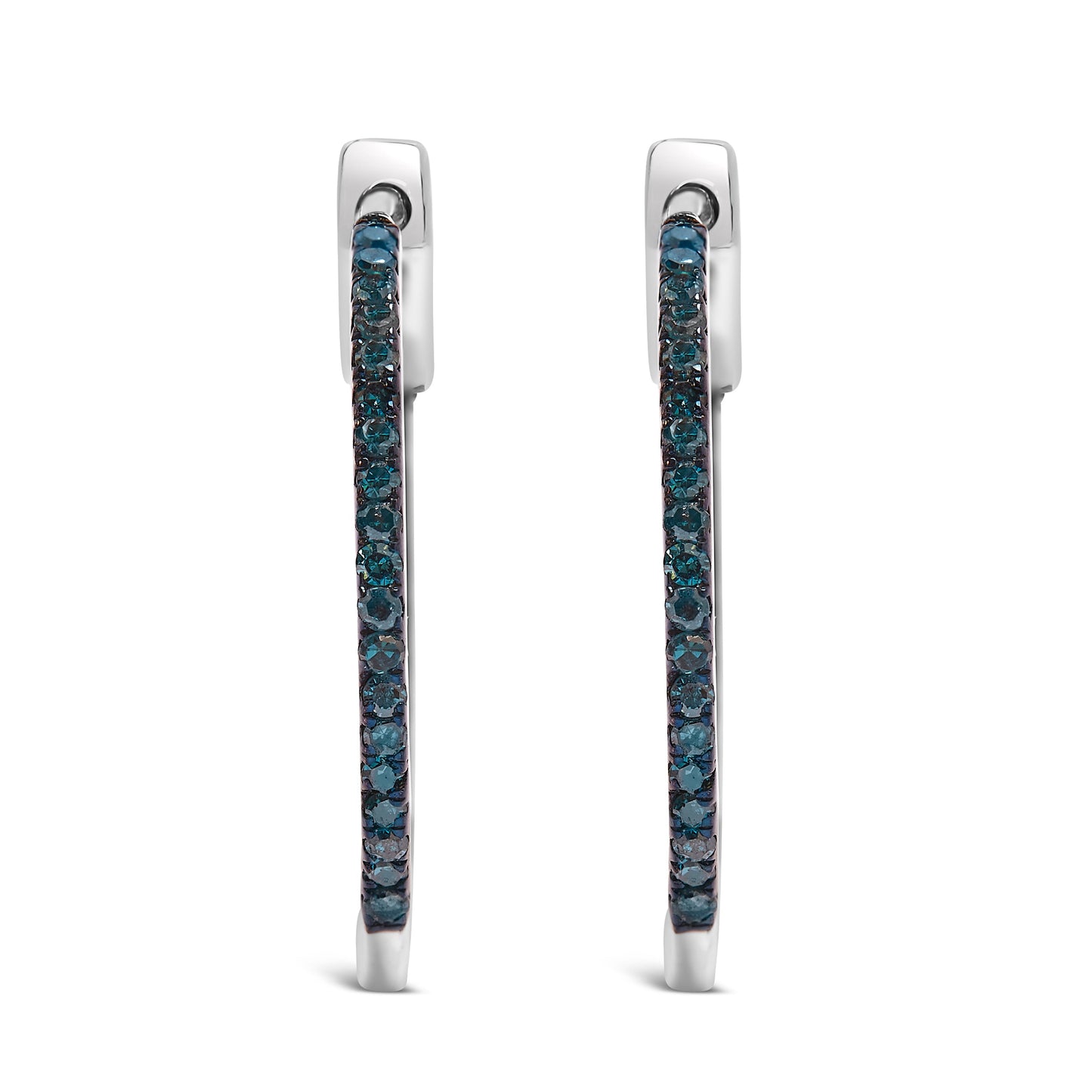 .925 Sterling Silver 1/3 Cttw Inside Out Blue Treated Diamond 1MM Wide Hoop Earrings (Blue Color, I2-I3 Clarity)