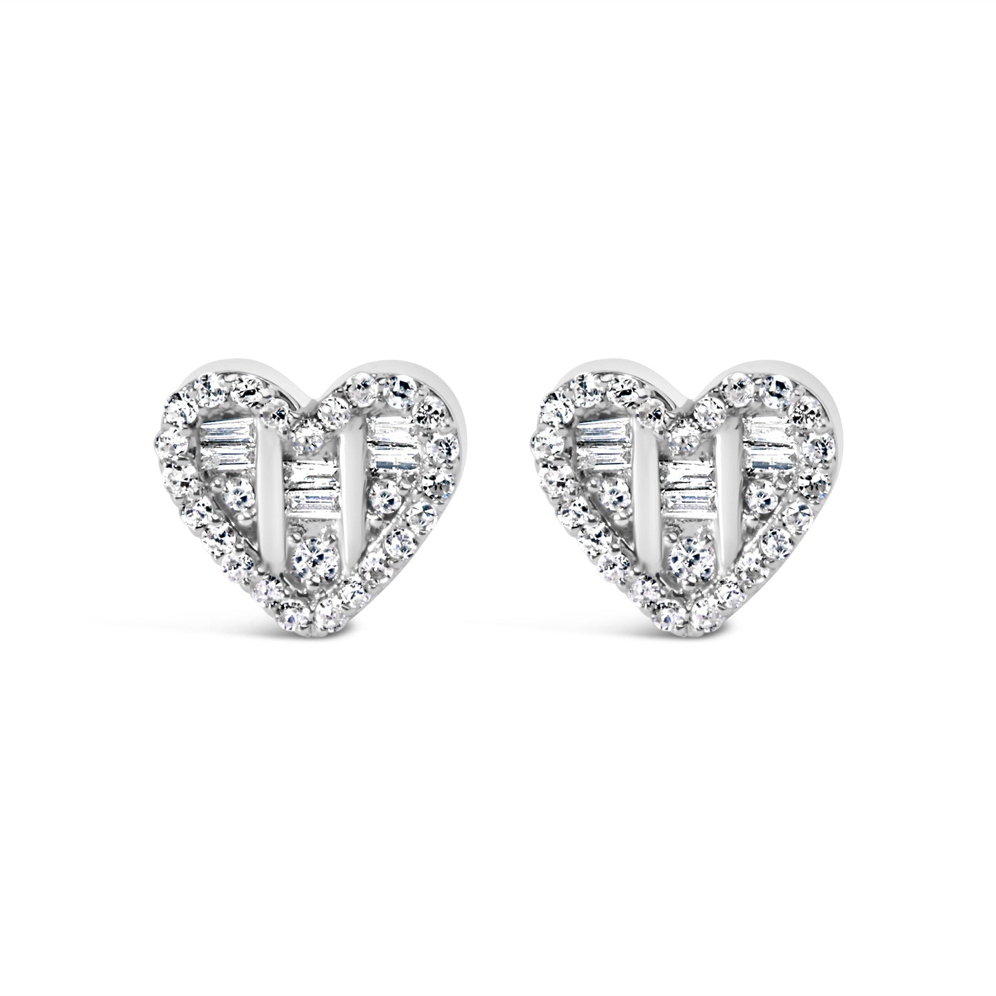 14K Yellow Gold Plated .925 Sterling Silver 1/2 Cttw Round and Baguette Diamond Composite Heart Shaped Stud Earring (I-J Color, SI2-I1 Clarity)