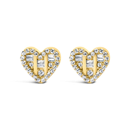 14K Yellow Gold Plated .925 Sterling Silver 1/2 Cttw Round and Baguette Diamond Composite Heart Shaped Stud Earring (I-J Color, SI2-I1 Clarity)