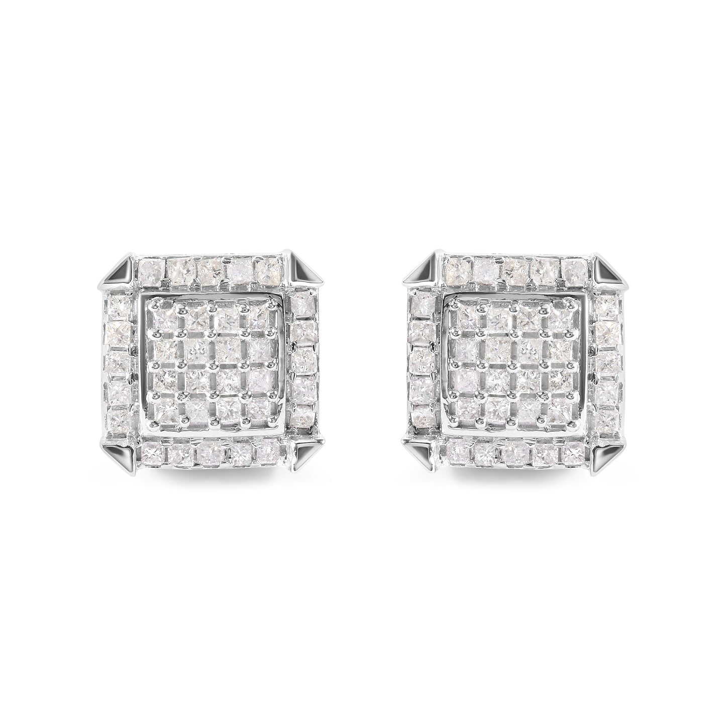10K White Gold 1 1/10 Cttw Princess Diamond Composite and Halo Stud Earrings (I-J Color, I1-I2 Clarity)