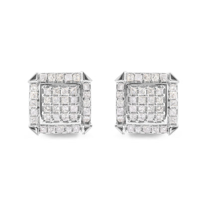 10K White Gold 1 1/10 Cttw Princess Diamond Composite and Halo Stud Earrings (I-J Color, I1-I2 Clarity)